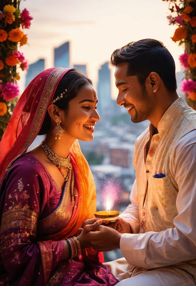 An intimate scene depicting a couple exchanging Tika, a traditional Nepalese blessing involving colorful powders, symbolizing affection turned devotion. The background shows a blend of modern and traditional elements, like city skyline and vibrant cultural motifs. The couple is smiling, surrounded by subtle floral decorations, emphasizing connection and cultural heritage. warm colors. super-realistic. soft focus.