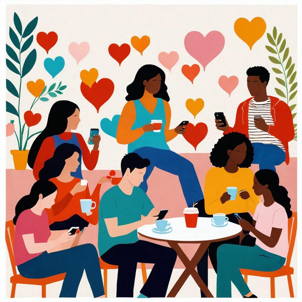 A vibrant collage featuring diverse people engaging in various activities like chatting at a coffee shop, attending a community event, and connecting online through smartphones. Elements of hearts and digital networks intertwined to symbolize friendship and romance. Warm, inviting colors to evoke a sense of community and connection. super-realistic. vibrant colors. white background.