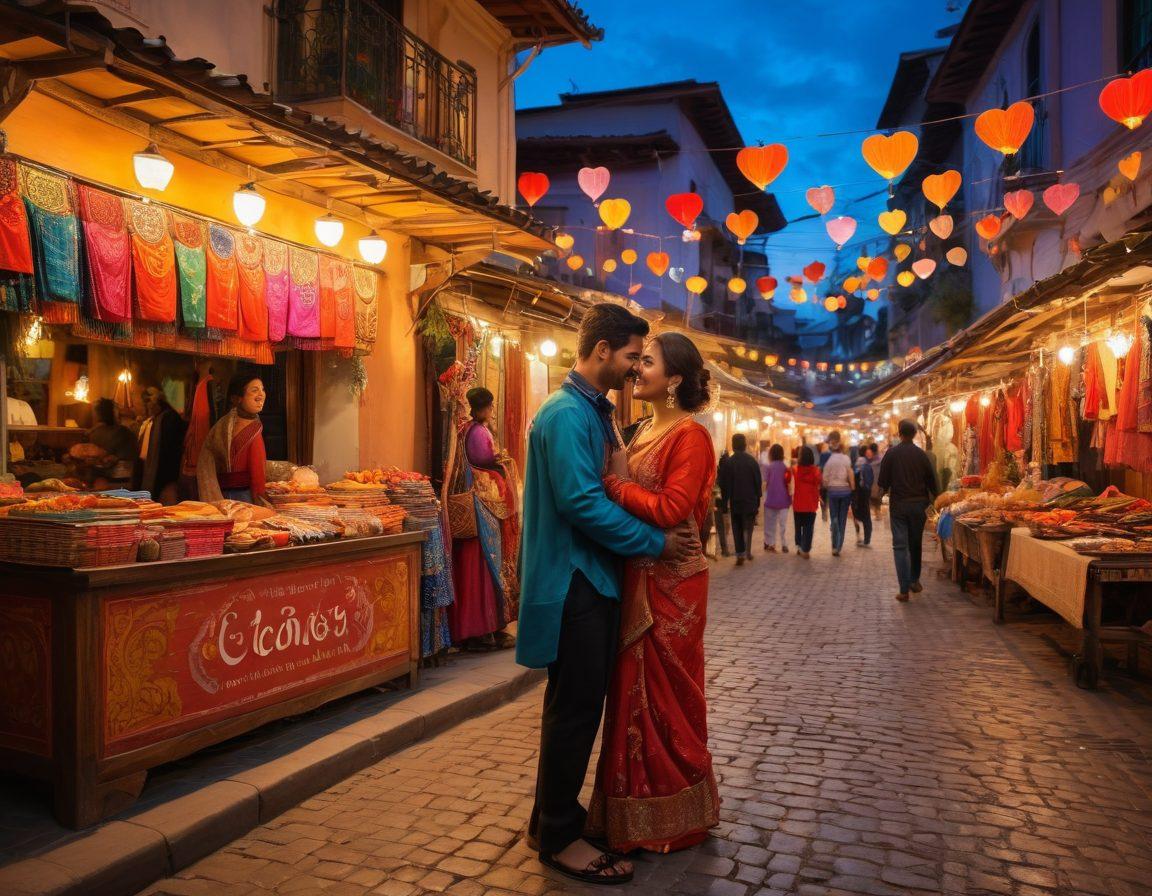 A vibrant street scene in Tika, showcasing diverse couples from different cultures sharing moments of love and joy. Colorful traditional garments, street vendors selling heart-themed crafts, and a backdrop of local architecture harmoniously blend together. Soft, warm lighting captures the essence of passionate connections and community spirit. super-realistic. vibrant colors. cultural fusion.